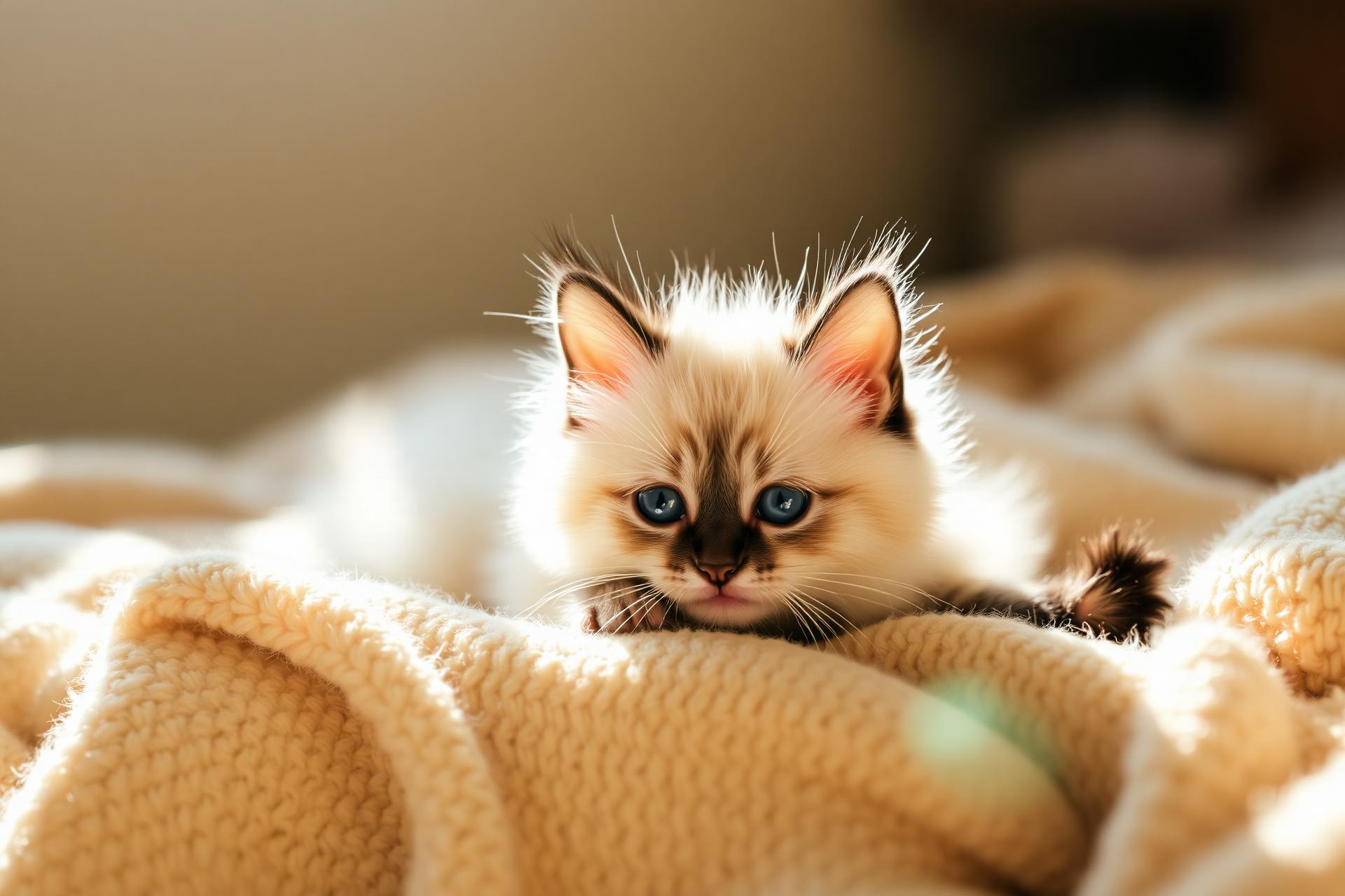 Ragdoll-Kätzchen auf einer weichen beigen Decke